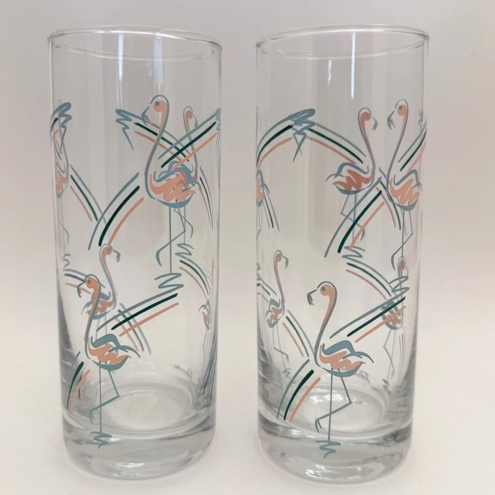 Vintage MCM 1960s Panache Flamingo Tumbler Highball Bar Glasses Set of 2